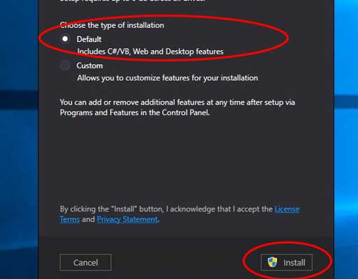 At Visual Studio Community Screen Choose the Default Installation