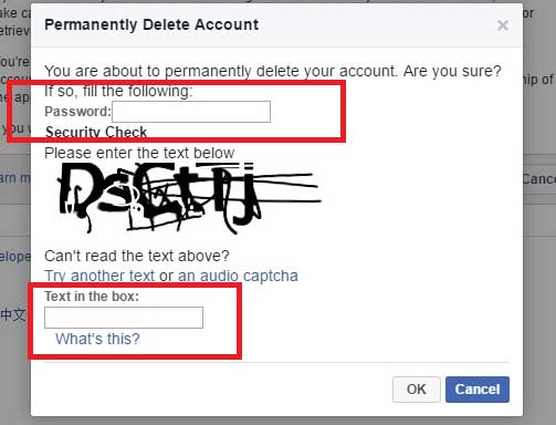 Delete Facebook Account by entering your password and captcha